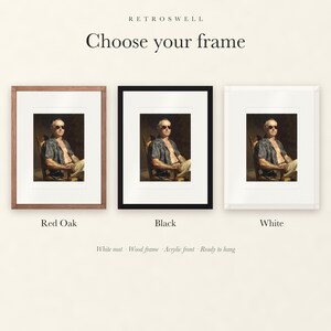 Frame options for Calvin Coolidge Surfer: Red Oak, black and white wood frames, each with a white mat.