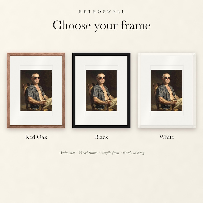 Frame options for Calvin Coolidge Surfer: Red Oak, black and white wood frames, each with a white mat.