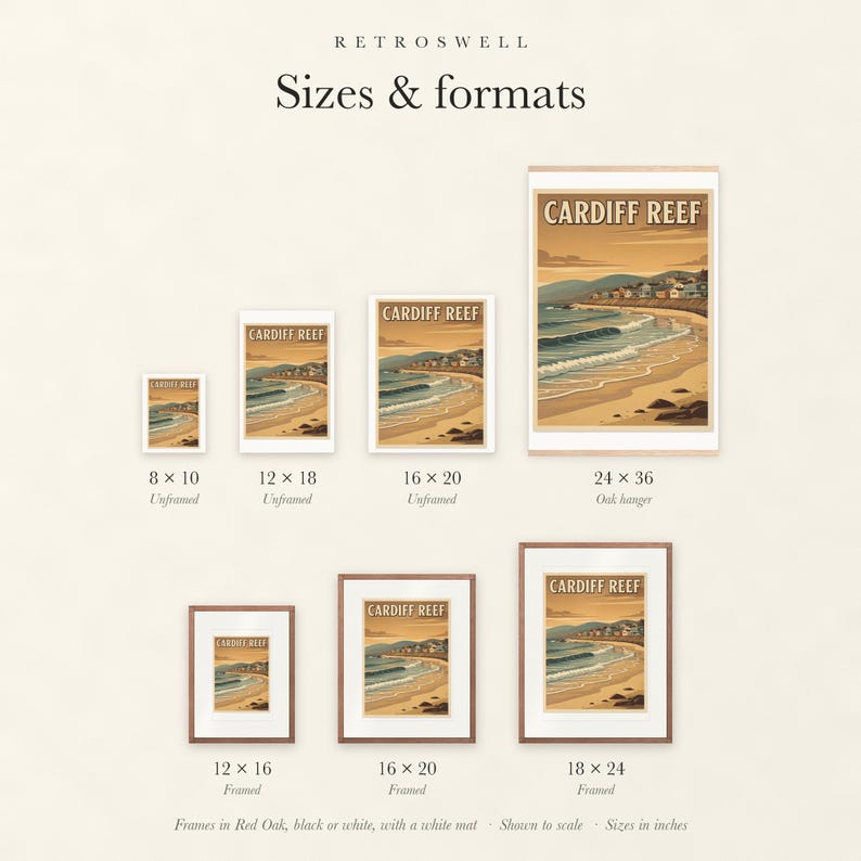 Sizes and formats for Cardiff Reef Surf, shown to scale: unframed prints, oak hanger and framed prints.