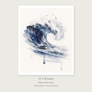 Prussian Blue Wave Watercolor Art Print, Framed or Unframed Coastal Ocean Poster image 9