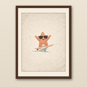 Starfish Surfing Art Print | Ocean Coastal Baby Room Wall Art | Beach Nursery Decor | Printable Baby Shower Gift