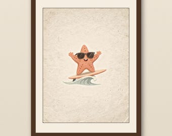 Starfish Surfing Art Print | Ocean Coastal Baby Room Wall Art | Beach Nursery Decor | Printable Baby Shower Gift