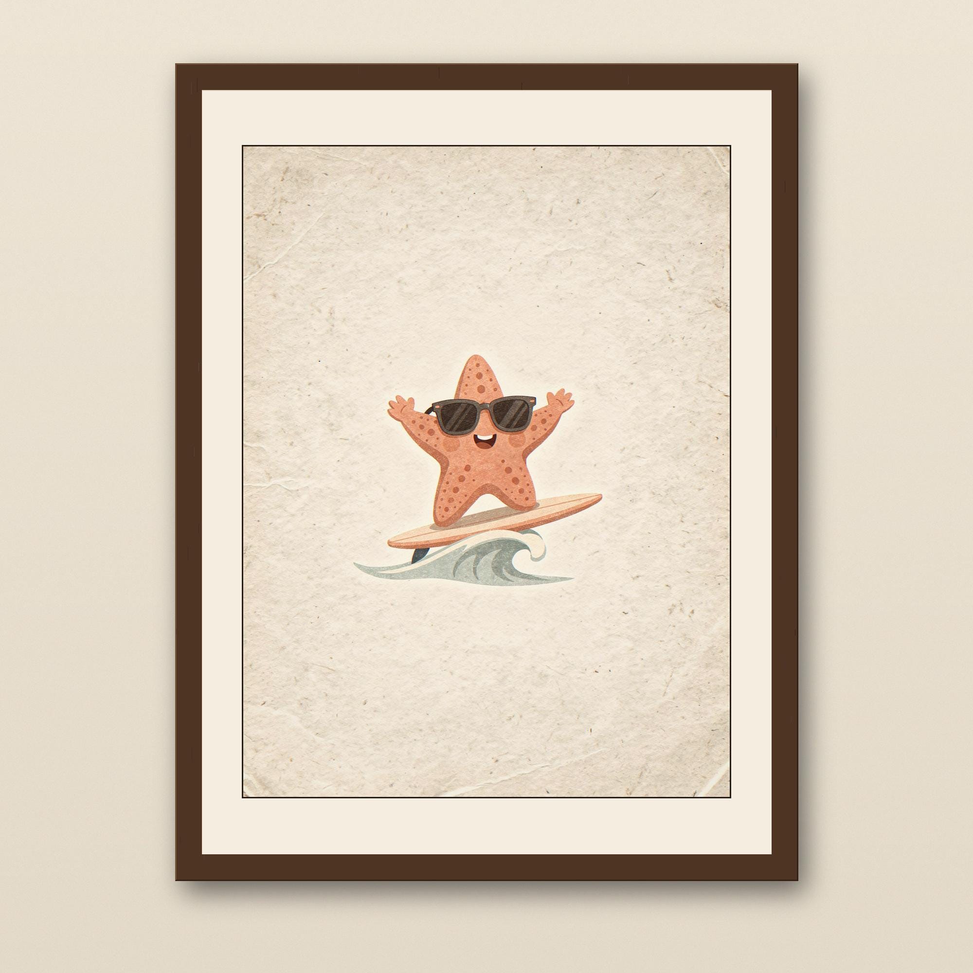 Starfish Surfing Art Print - walnut framed art print with cream mat on plaster wall