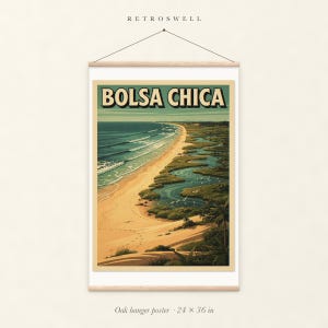 Bolsa Chica Surf oak hanger poster, 24 by 36 inches, with natural wood rails and a hanging cord.