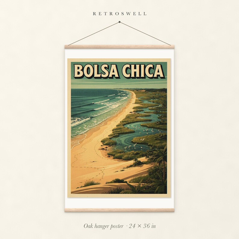 Bolsa Chica Surf oak hanger poster, 24 by 36 inches, with natural wood rails and a hanging cord.