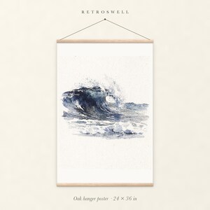 Rolling Break Wave Watercolor oak hanger poster, 24 by 36 inches, with natural wood rails and a hanging cord.