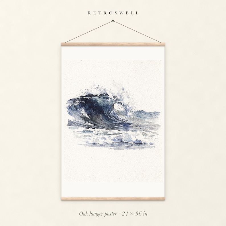Rolling Break Wave Watercolor oak hanger poster, 24 by 36 inches, with natural wood rails and a hanging cord.