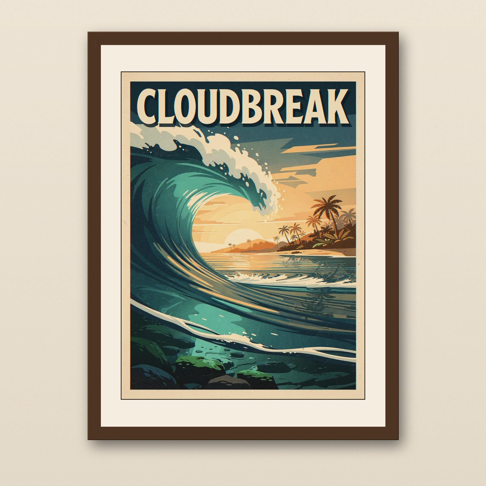 Cloudbreak Fiji Surf Poster - walnut framed art print with cream mat on plaster wall