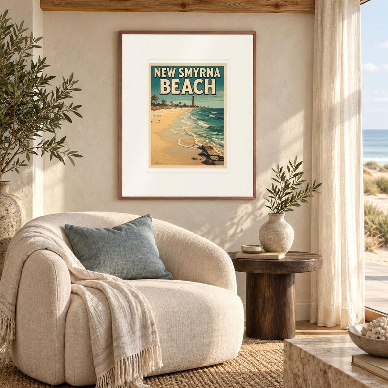New Smyrna Beach Surf print in a Red Oak frame with a white mat in a light-filled coastal sitting room.
