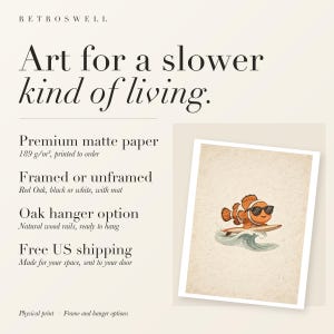 RetroSwell print details for Surfing Clownfish: premium 189 g/m² matte paper, framed or unframed, oak hanger option, free US shipping.