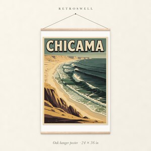 Chicama Peru Surf oak hanger poster, 24 by 36 inches, with natural wood rails and a hanging cord.