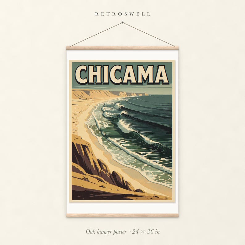 Chicama Peru Surf oak hanger poster, 24 by 36 inches, with natural wood rails and a hanging cord.