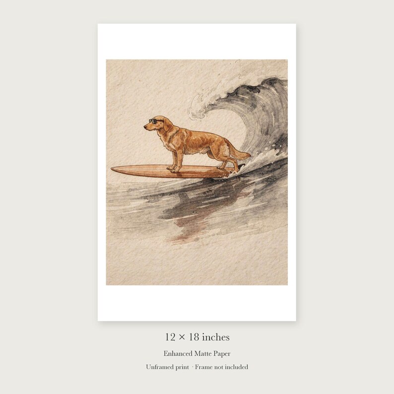 Golden Retriever Surfing Art Print, Framed or Unframed Watercolor Style Dog Poster image 8