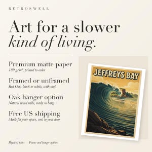 RetroSwell print details for Jeffreys Bay Surf: premium 189 g/m² matte paper, framed or unframed, oak hanger option, free US shipping.