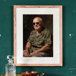 Dwight Eisenhower print in a Red Oak frame with a white mat, hanging above the sideboard in a green study.