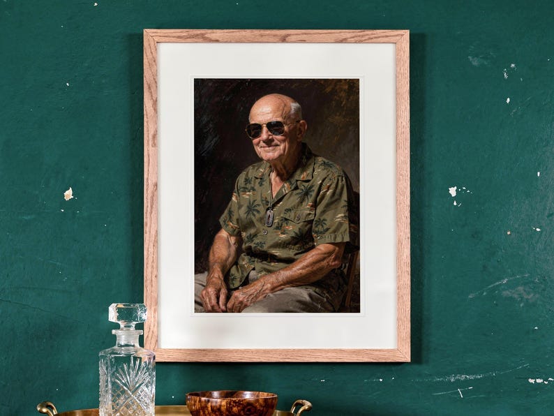 Dwight Eisenhower print in a Red Oak frame with a white mat, hanging above the sideboard in a green study.