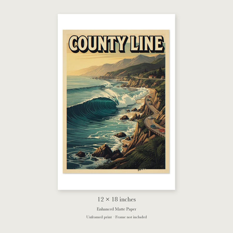 County Line Surf Travel Poster, Framed or Unframed Vintage Style Coastal Print image 8