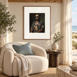 Abraham Lincoln print in a Red Oak frame with a white mat in a light-filled coastal sitting room.