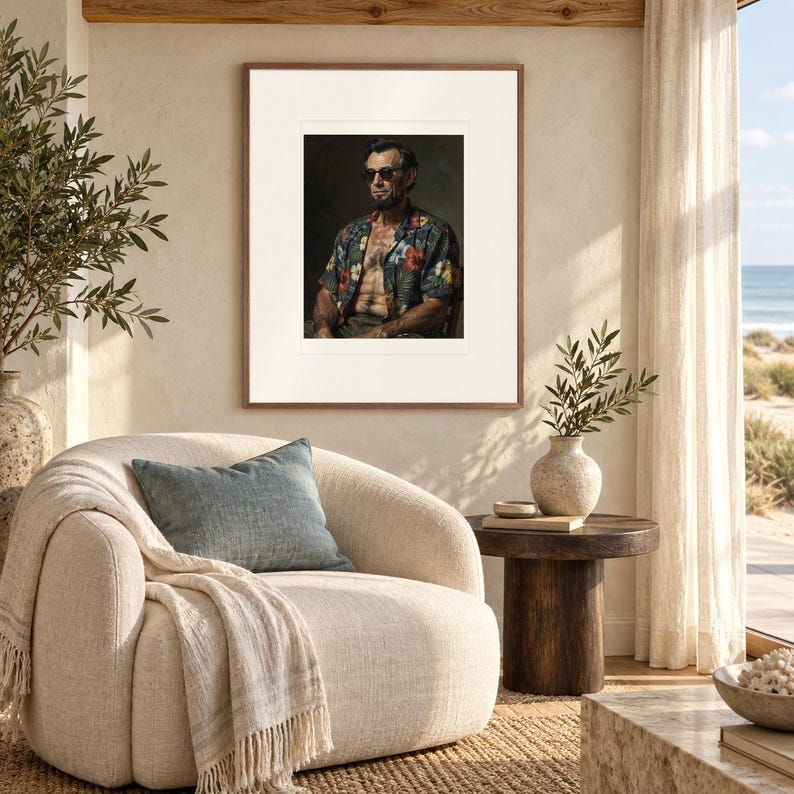 Abraham Lincoln print in a Red Oak frame with a white mat in a light-filled coastal sitting room.