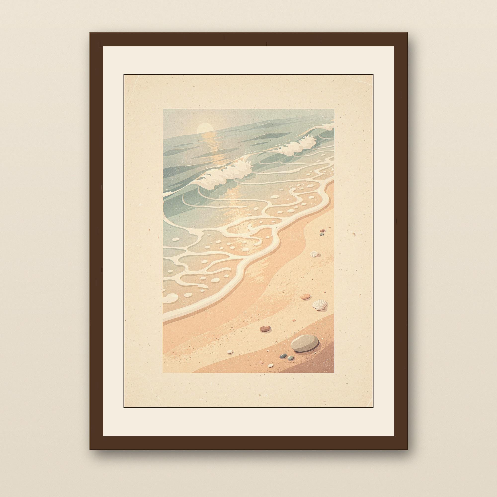 Ocean Waves Nursery Art Print - walnut framed art print with cream mat on plaster wall