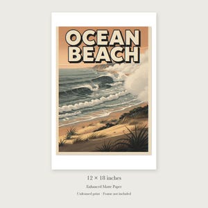 Pôster de viagem de surfe da praia de Ocean Beach, San Diego, emoldurado ou sem moldura, estilo vintage. Impressão costeira. imagem 8