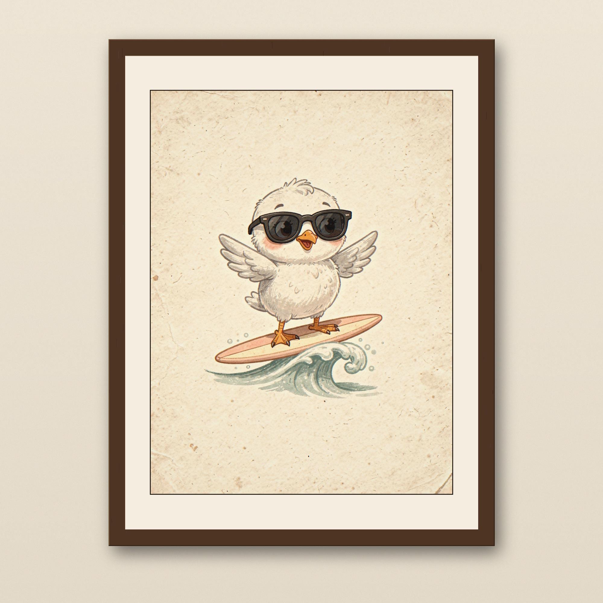 Seagull Surfing Art Print - walnut framed art print with cream mat on plaster wall