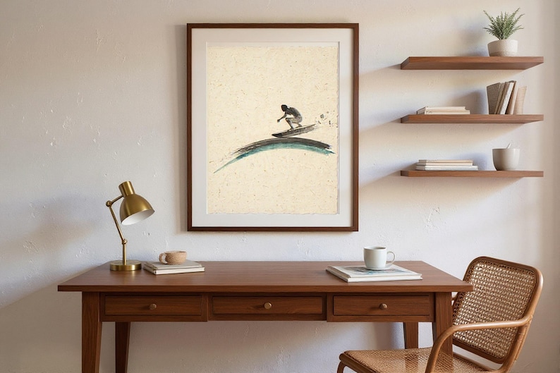 Sumi-e Surfer Cutback with Aqua Accent Print framed in a home office setting
