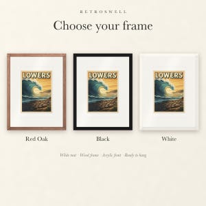 Frame options for Lowers Trestles Surf: Red Oak, black and white wood frames, each with a white mat.