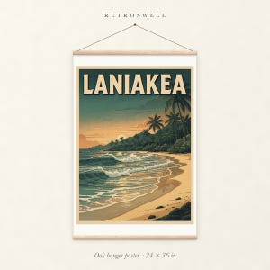 Laniakea Surf oak hanger poster, 24 by 36 inches, with natural wood rails and a hanging cord.