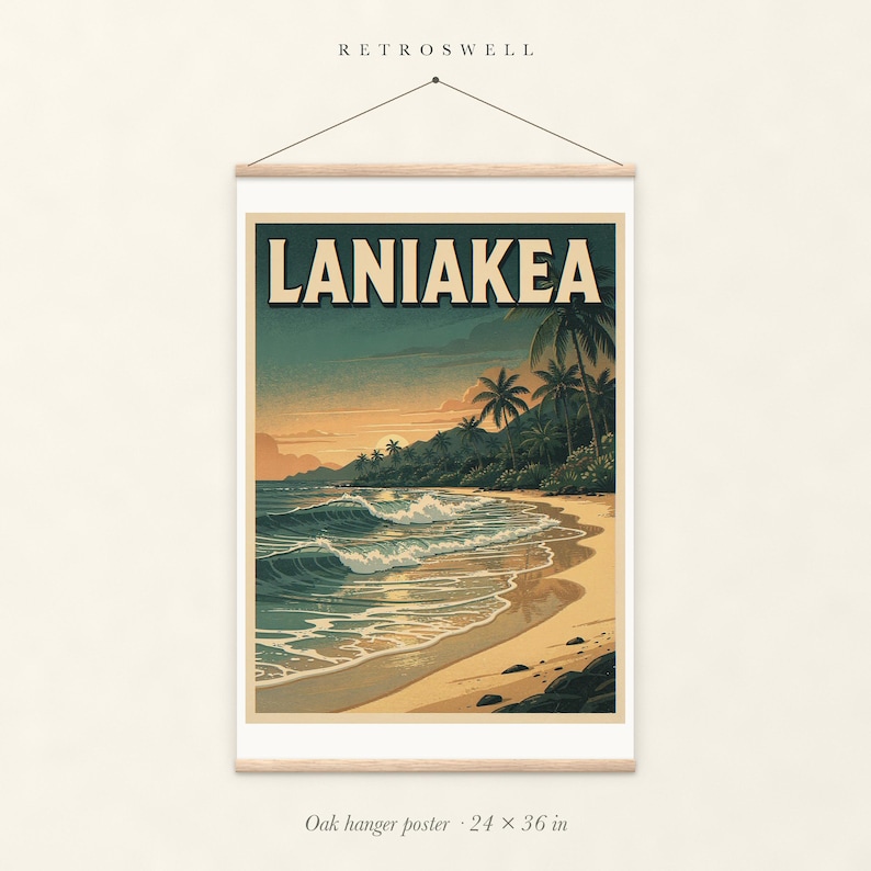 Laniakea Surf oak hanger poster, 24 by 36 inches, with natural wood rails and a hanging cord.