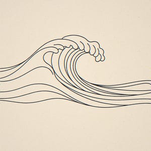 Breaking wave line art unframed printed artwork and full composition with its paper border.