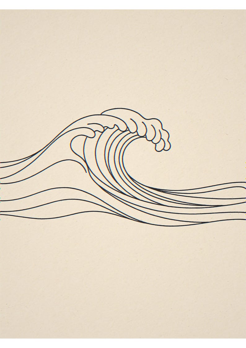 Breaking wave line art unframed printed artwork and full composition with its paper border.