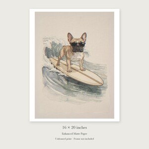 French Bulldog Surfing Art Print, Framed or Unframed Watercolor Style Dog Poster image 9