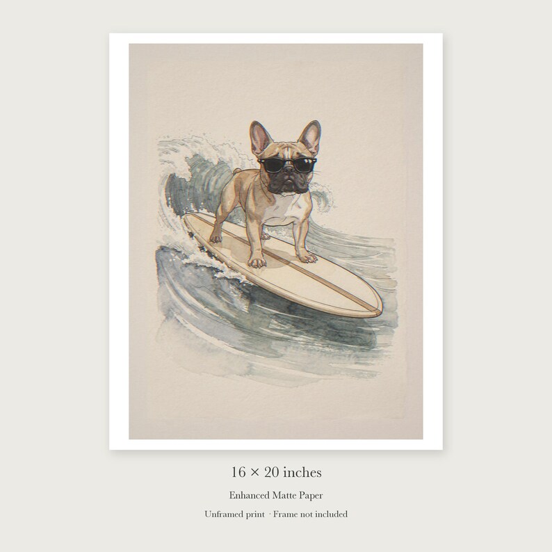 French Bulldog Surfing Art Print, Framed or Unframed Watercolor Style Dog Poster image 9