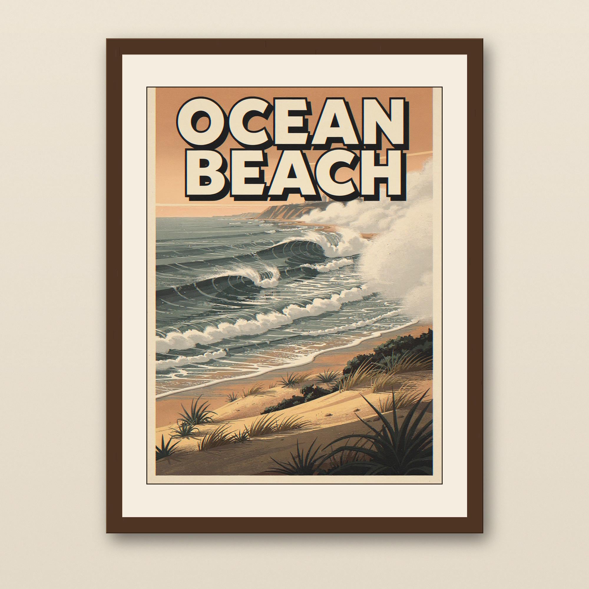 Ocean Beach San Diego Poster - walnut framed art print with cream mat on plaster wall