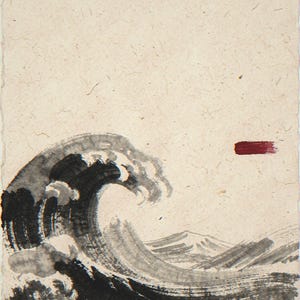 Ink-style wave unframed printed artwork and full composition with its paper border.