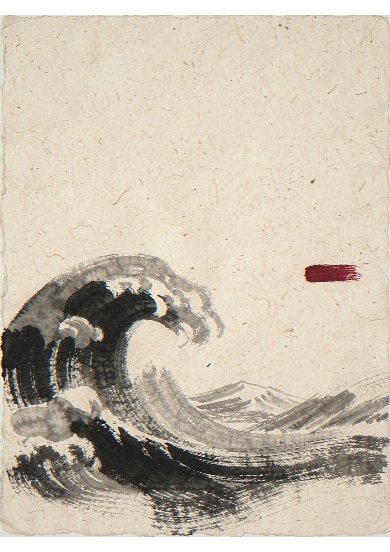 Ink-style wave unframed printed artwork and full composition with its paper border.