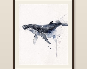 Humpback Whale Watercolor Print, Indigo Whale Painting, Coastal Wall Art, Ocean Nursery Decor, Beach House Printable Wall Art Digital Downlo