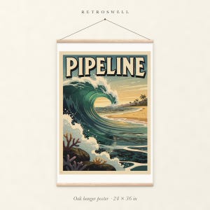 Pipeline Hawaii Surf oak hanger poster, 24 by 36 inches, with natural wood rails and a hanging cord.