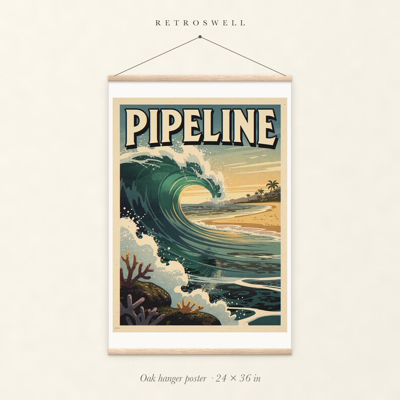 Pipeline Hawaii Surf oak hanger poster, 24 by 36 inches, with natural wood rails and a hanging cord.