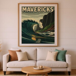 Mavericks Surf Poster | Half Moon Bay California Print | Vintage Surf Wall Art | Printable Beach Decor | Digital Download image 8