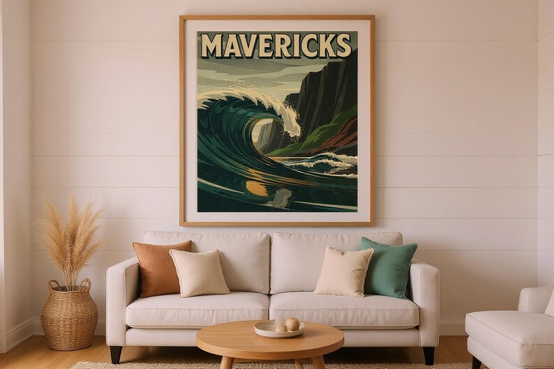 Mavericks Surf Poster | Half Moon Bay California Print | Vintage Surf Wall Art | Printable Beach Decor | Digital Download image 8