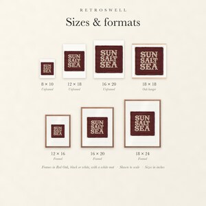 Sizes and formats for Sun Salt Sea Patch, shown to scale: unframed prints, oak hanger and framed prints.