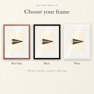 Frame options for Newport, Rhode Island Surf Pennant: Red Oak, black and white wood frames, each with a white mat.