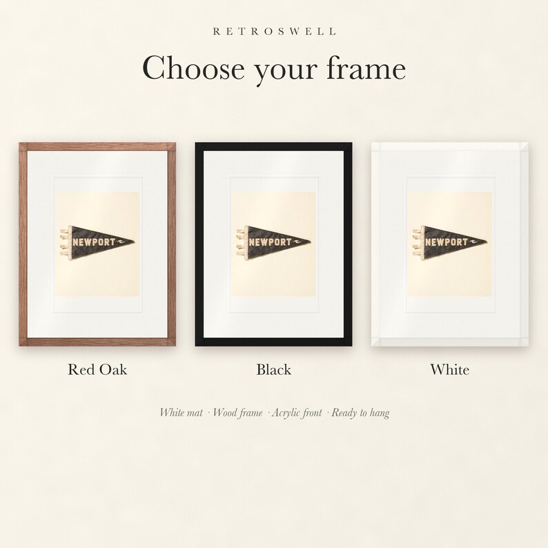 Frame options for Newport, Rhode Island Surf Pennant: Red Oak, black and white wood frames, each with a white mat.