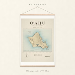 Oʻahu Surf Map oak hanger poster, 24 by 36 inches, with natural wood rails and a hanging cord.