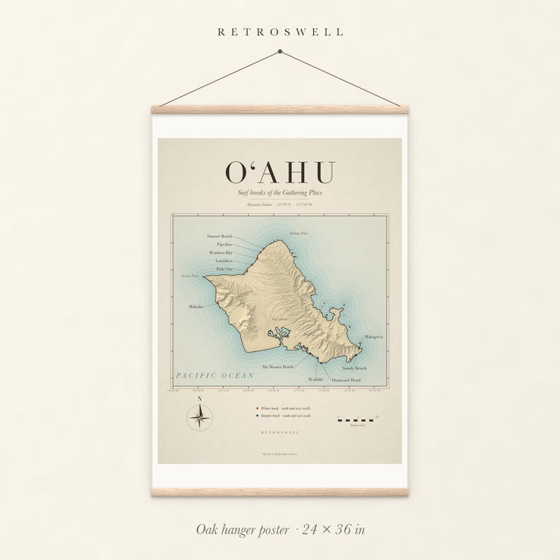 Oʻahu Surf Map oak hanger poster, 24 by 36 inches, with natural wood rails and a hanging cord.