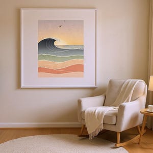 Ocean Waves Nursery Art framed in a modern bedroom setting