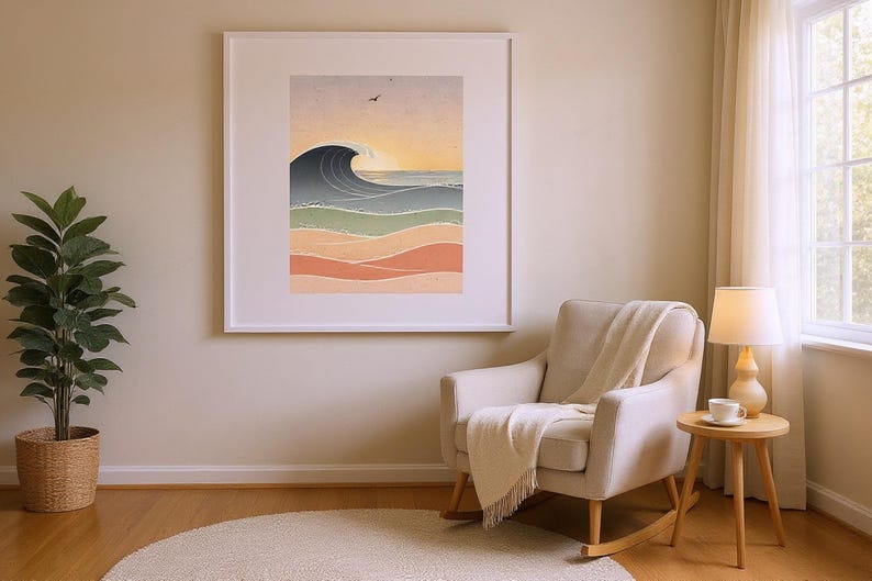 Ocean Waves Nursery Art framed in a modern bedroom setting