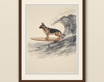 German Shepherd Surfing Print | Dog Surf Wall Art | Printable Beach Decor | Coastal Pet Illustration | Watercolor Dog Art